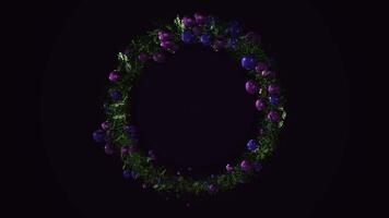 Abstract animation of the beautiful green Christmas wreath decorated by multicolored shiny balls of different sizes rotating on the dark background. Animation. Amazing Christmas animated background photo