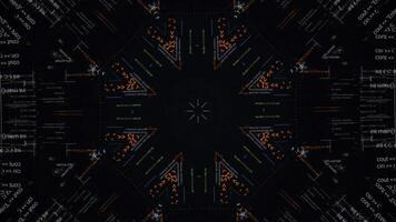 Abstract kaleidoscopic formula, algebra and computer code. Animation. Computer code running in a virtual space in a form of changing kaleidoscope, seamless loop. photo