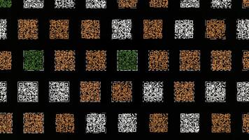 Colorful QR codes on black background. Animation. rows of codes move like a snake. Lot of QR codes move through rows. Matrix barcodes with information about various objects photo