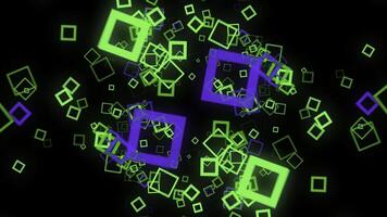 Futuristic background of cubic on black background. Animation. Neon square frames spread out with hypnotic matrix effect on black background photo