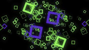 Futuristic background of cubic on black background. Animation. Neon square frames spread out with hypnotic matrix effect on black background photo