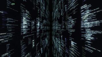 Source codes in cyberspace on black background. Animation. Inside software or matrix with 3D walls of source code. Dipping into matrix through passageway from source codes photo