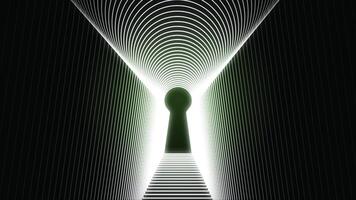 Abstract animation of neon keyhole icon forming the tunnel on black background. Animation. Concept of access photo