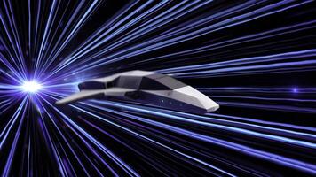 Abstract flying spaceship in cosmic space. Animation. Game graphics flying starship in hyperspace when jumping in space. Spacecraft flies at super speed on background of rays photo