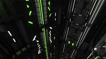 Elevator corridor in the building lit by green illumination. Animation. Flying through futuristic elevator shaft, seamless loop, abstract technological background. photo