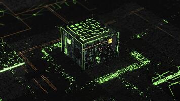 Processor or microchip and electronic signals on motherboard circuit, 3D motion graphics. Animation. Futuristic circuit board with moving electrons with the central processing unit. photo