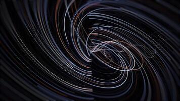 Swirling swirl of neon lines on black background. Animation. Swirl of fast-moving laser colored lines. Neon lines move in spiral. Beautiful multi-colored spiral of neon lines photo