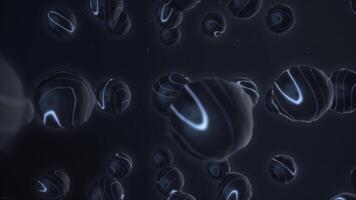 Balls with neon lines fly on dark background. Animation. Neon nano balls like molecules move in weightlessness. 3D balls vibrating and moving in space photo