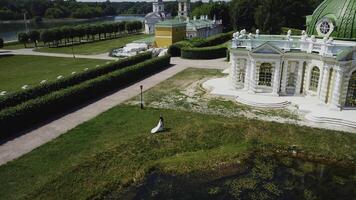 Newlyweds walking in park with historical buildings. Creative. Top view of fabulous walk of newlyweds in estate on summer day. Beautiful territory of old estate with garden photo