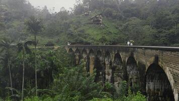 Beautiful landscape with couple walking on bridge in jungle. Action. Fabulous couple walks on stone bridge in jungle. Picturesque tropical landscape with bridge and couple in love in jungle photo