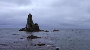 Rock in sea with seagulls in cloudy weather. Clip. Beautiful landscape with rock in sea and flying seagulls. Island with rock and seagulls in sea on background cloudy sky photo