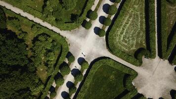 Top view of people walking on geometric garden paths. Creative. Beautiful patterns of palace garden on sunny summer day. Territory of palace garden with beautiful paths and labyrinths photo