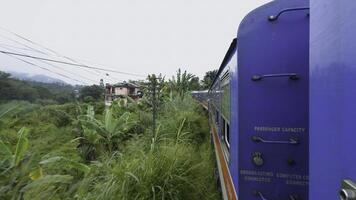 View from window of moving train in jungle. Action. Traveling train in midst of green forest in tropical mountains. Beautiful train ride in tropics on cloudy day photo