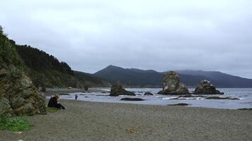 People relax on rocky coast with mountains on cloudy day. Clip. Beautiful coast with rocks and rocks sticking out on shore. People relax on beautiful coast with rocks and mountains photo