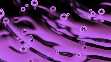 Neon bubbles move on surface of liquid. Design. Bright neon bubbles move on ripples of liquid. Beautiful bubbles move on abstract blurred liquid photo