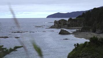 Beautiful rocky coast with greenery in cloudy weather. Clip. Top view of picturesque landscape of southern sea coast with rocks. Green rocky coast on cloudy day photo