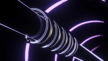 Glowing lines rotate around pipe. Design. Metal tube with moving spirals of neon and metal tubes. Mechanical part with moving parts and rotating neon tubes photo