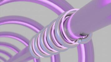 Tunnel with metal pipe and moving spirals. Design. Metal pipe into tunnel with rotating neon lines. Neon and metal lines move in spirals on pipe in tunnel photo