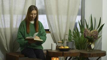 Young woman with glasses is reading book in cafe. Media. Beautiful female student is reading book in college cafe. Smart student studies and reads books in cozy cafe photo