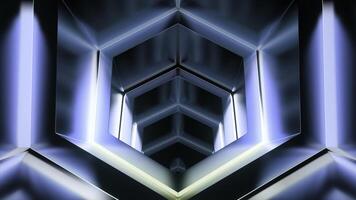 movimiento en 3d túnel con brillante metal paredes diseño. geométrico túnel con metálico textura y luminoso reflexiones movimiento y inmersión en ciberespacio de túnel foto