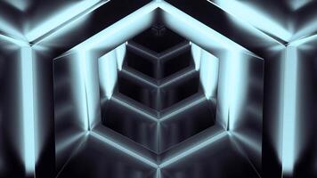 Exiting cyber tunnel. Design. Hexagonal 3D tunnel with neon lines and metal surface. Reverse movement in cyber tunnel photo