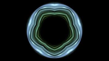 Glowing neon pulsating floral shape with dark hole in the middle on a black background. Animation. Colorful neon dance of circular shape. photo