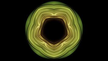 Glowing neon pulsating floral shape with dark hole in the middle on a black background. Animation. Colorful neon dance of circular shape. photo