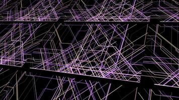 Appearing pink and purple laser beams on a black background. Animation. Straight crossed bright lines moving chaotically. photo