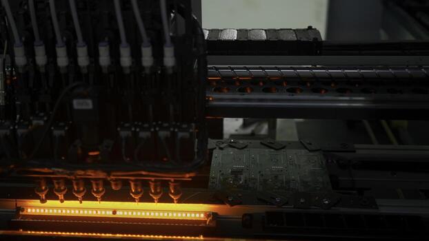 Fully automated assembly line at electronics factory. Creative. Component Installation on circuit board. photo