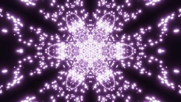 Floral kaleidoscopic shape absorbing tiny glowing particles. Design. Pulsating symmetrical figure and flying dots. photo