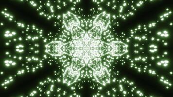 Floral kaleidoscopic shape absorbing tiny glowing particles. Design. Pulsating symmetrical figure and flying dots. photo
