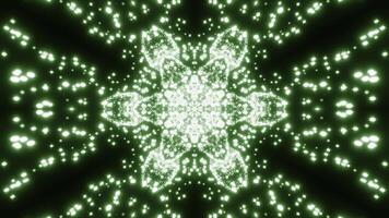 Floral kaleidoscopic shape absorbing tiny glowing particles. Design. Pulsating symmetrical figure and flying dots. photo