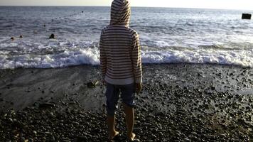 Rear view of a boy in striped jacket standing on a pebble ocean shore. Creative. Child looking at waves on a sunny day. photo