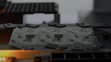 Close up of industrial background with printed circuit board being assembled with automated robotic arm. Creative. Concept of modern robotic technologies and engineering. photo