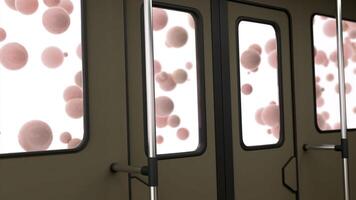 Surreal animation of balloons flying behind windows of public transport. Design. View from the bus on windows with many pink air balloons. photo