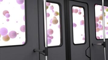 Surreal animation of balloons flying behind windows of public transport. Design. View from the bus on windows with many pink air balloons. photo