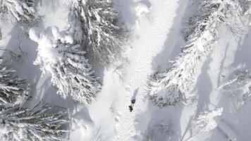 Aerial top view of people hiking on winters trail. Clip. Rural road covered by snow, landscape of winter nature. photo