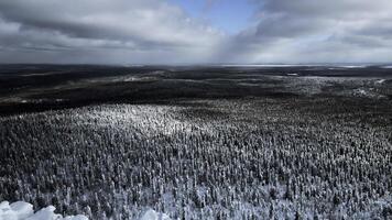 un vuelo terminado el denso invierno siberiano bosque en el tarde. acortar. blanco montaña y un congelado clima torre en sus cima. foto