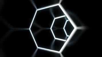 Flying inside dark virtual tunnel with neon hexagonal grid. Design. Bright neon grid of hexagons in the endless bending corridor. photo