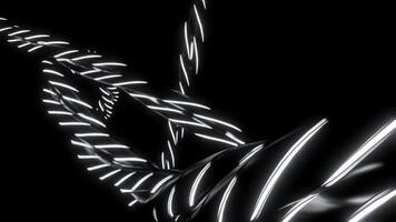 Abstract twisted neon monochrome rope on a black background. Design. Silver metal ropes with white neon stripes. photo