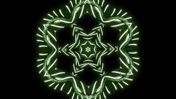 Symmetrical pattern with neon starry kaleidoscope. Design. Mirror reflection of repeating star or flower structure. photo