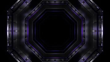 Flight in neon lights cyber data hexagonal tunnel. Design. Dark mysterious corridor. photo