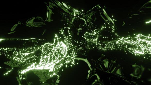 Cyberspace with metallic lines and streams of luminous particles. Design. Bright streams of energetic particles in virtual space. Streams of moving luminous particles of information and energy of photo