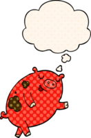 cartoon dancing pig with thought bubble in comic book style png
