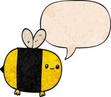 cute cartoon bee and speech bubble in retro texture style png