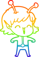 rainbow gradient line drawing cartoon alien girl laughing png