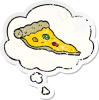 cartoon pizza with thought bubble as a distressed worn sticker png