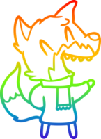 rainbow gradient line drawing of a laughing fox wearing winter clothes png