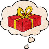 cartoon wrapped gift and thought bubble in grunge texture pattern style png