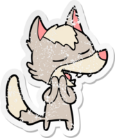 distressed sticker of a cartoon wolf laughing png